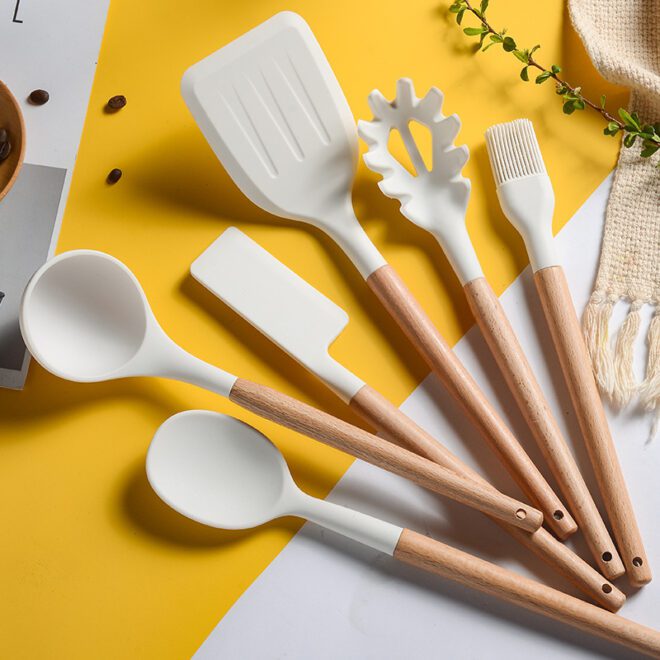 Customizable silicone cooking utensil with wooden handle and logo