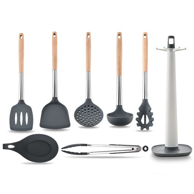 Silicone kitchen cooking utensil set with support